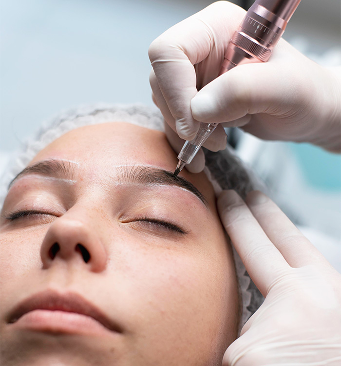 Profesional realizando tratamiento de micropigmentación de cejas con técnica de pelo a pelo